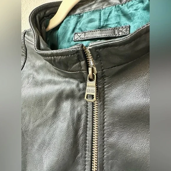 Andrew Marc Black Moto Jacket with Pockets + Turquoise Satin Lining Sz M - Picture 10 of 13